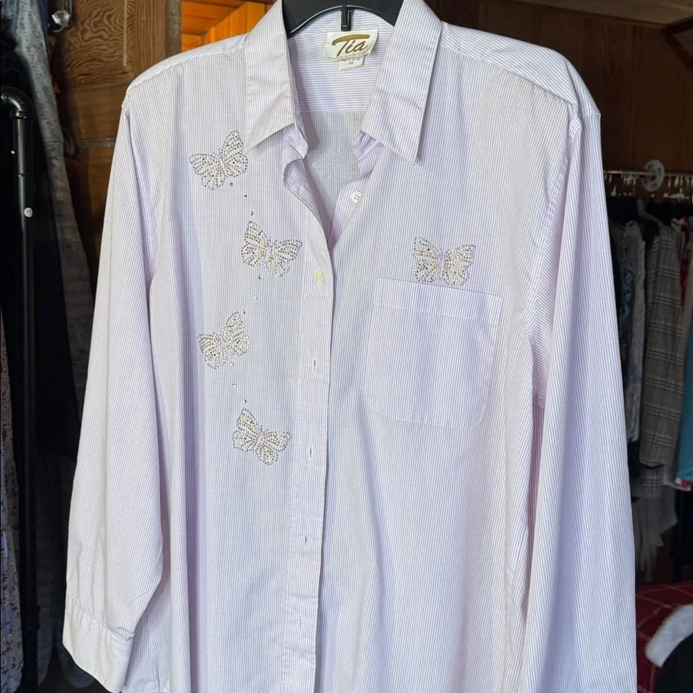 Tia Designs Lavender Stripe Button-Down Shirt with Rhinestone Butterfly Accents - Picture 6 of 8